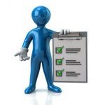 Illustration of blue man and check list isolated on white background