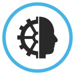 Cyborg Gear vector bicolor icon. Image style is a flat icon symbol inside a circle, blue and gray colors, white background.
